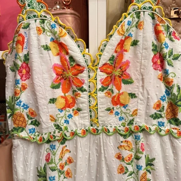 Farm Rio Floral Embroidered White Tiered Maxi Dress - Picture 2 of 4